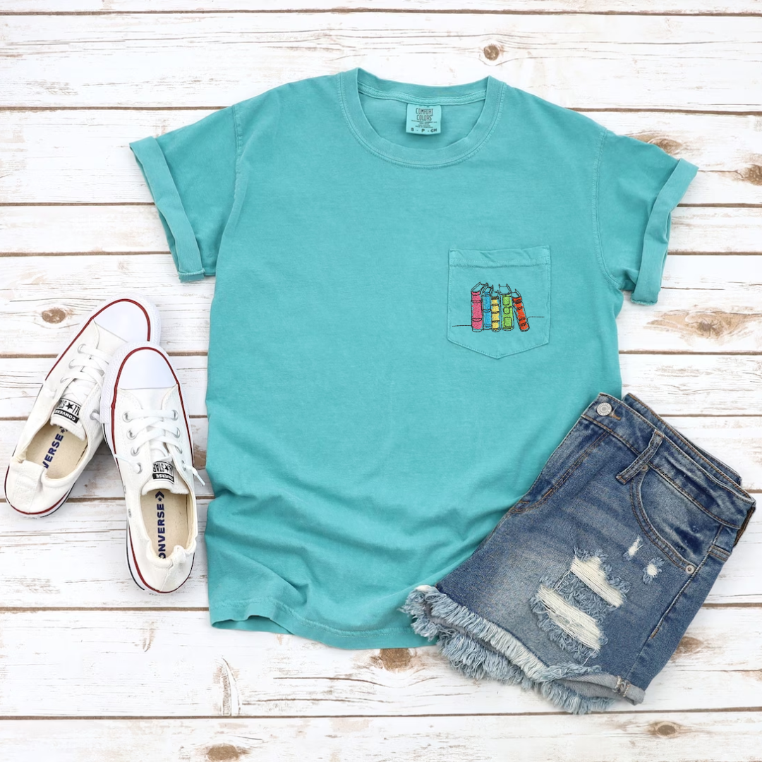 Embroidered Colorful Books Pocket Tee