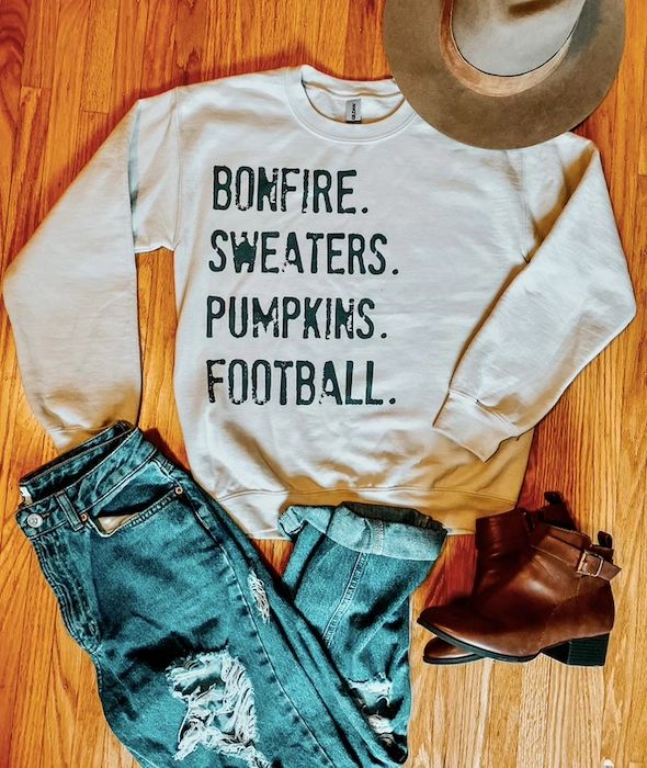 Bonfire. Sweaters. Pumpkins. Football. Crewneck