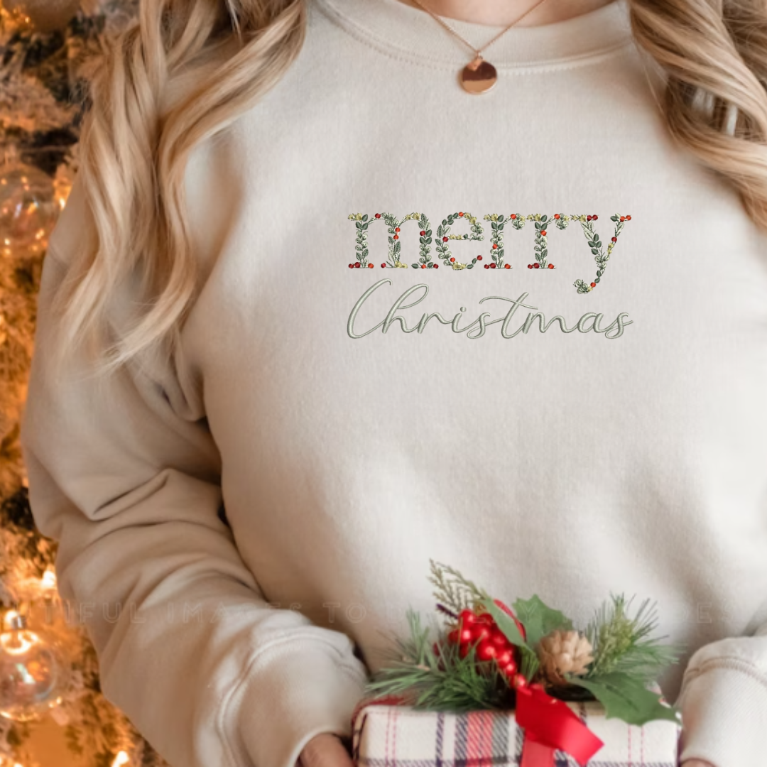 Embroidered Floral Merry Christmas Sweatshirt