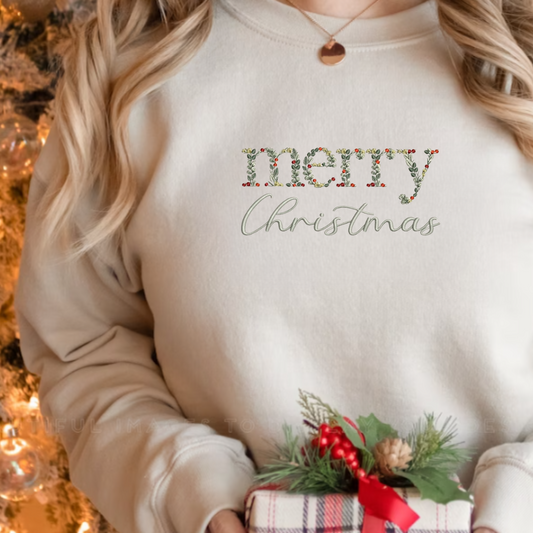 Embroidered Floral Merry Christmas Sweatshirt