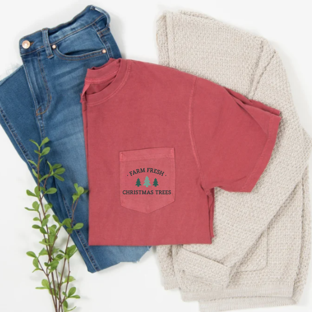 Embroidered Farm Fresh Christmas Trees Pocket Tee