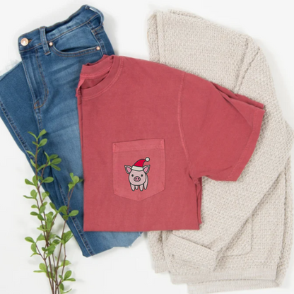 Embroidered Christmas Piggy  Pocket Tee