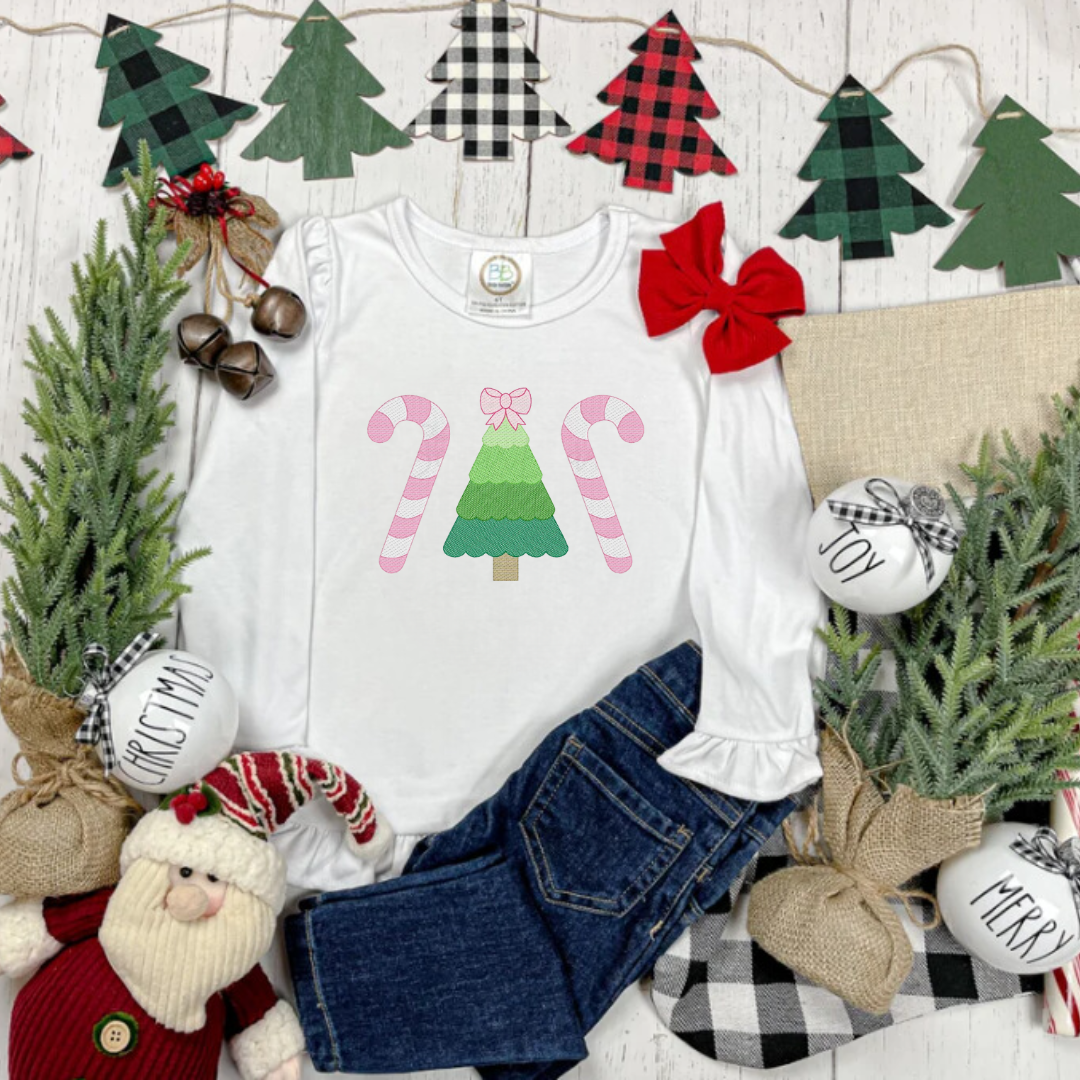 Embroidered Girly Christmas Tree with Candy Canes Shirt