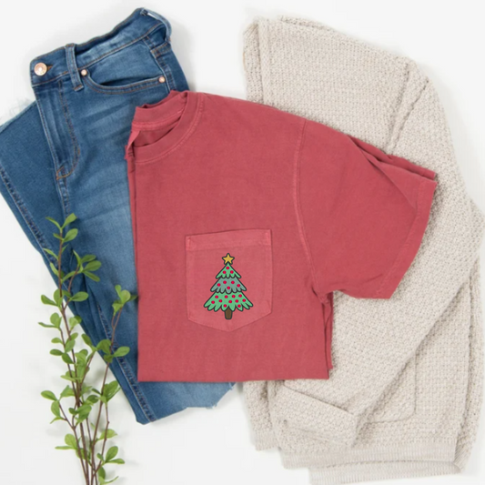 Embroidered Christmas Tree Pocket Tee